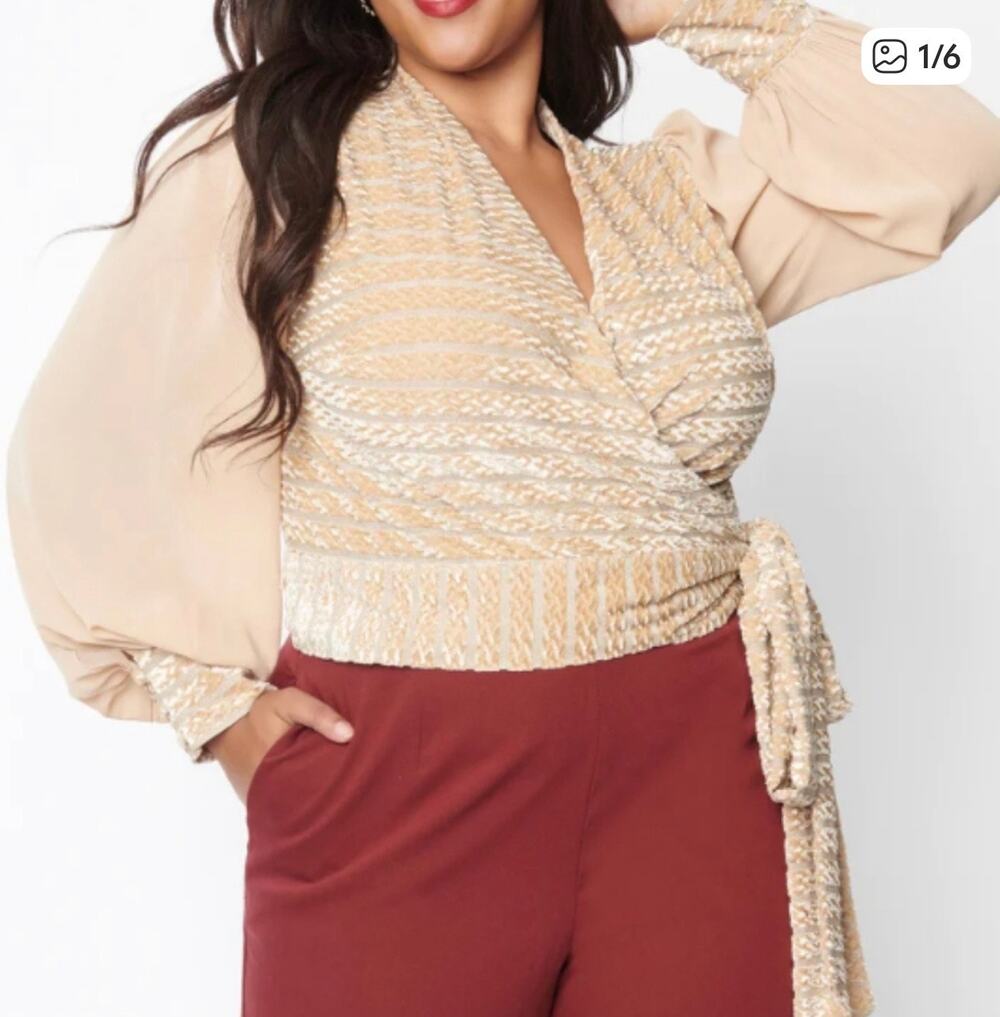 Unique Vintage Beige Stripe Velvet Wrap Top 4X NWT